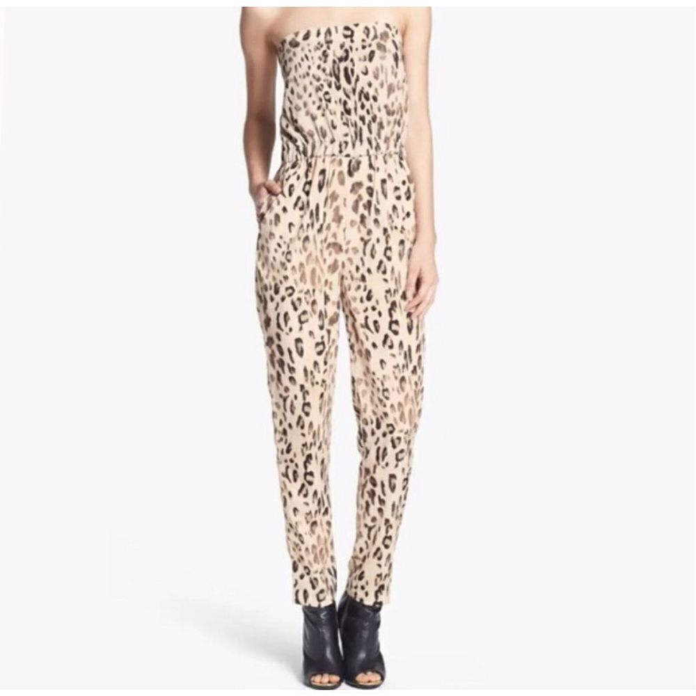 WAYF Leopard Print Jumpsuit Tan Brown‎ Strapless sz M